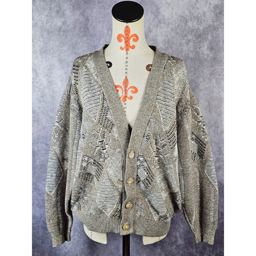 VTG 80’s Sweater Graphix Mens L USA Made Geometric Cardigan Sweater Grandpa EUC